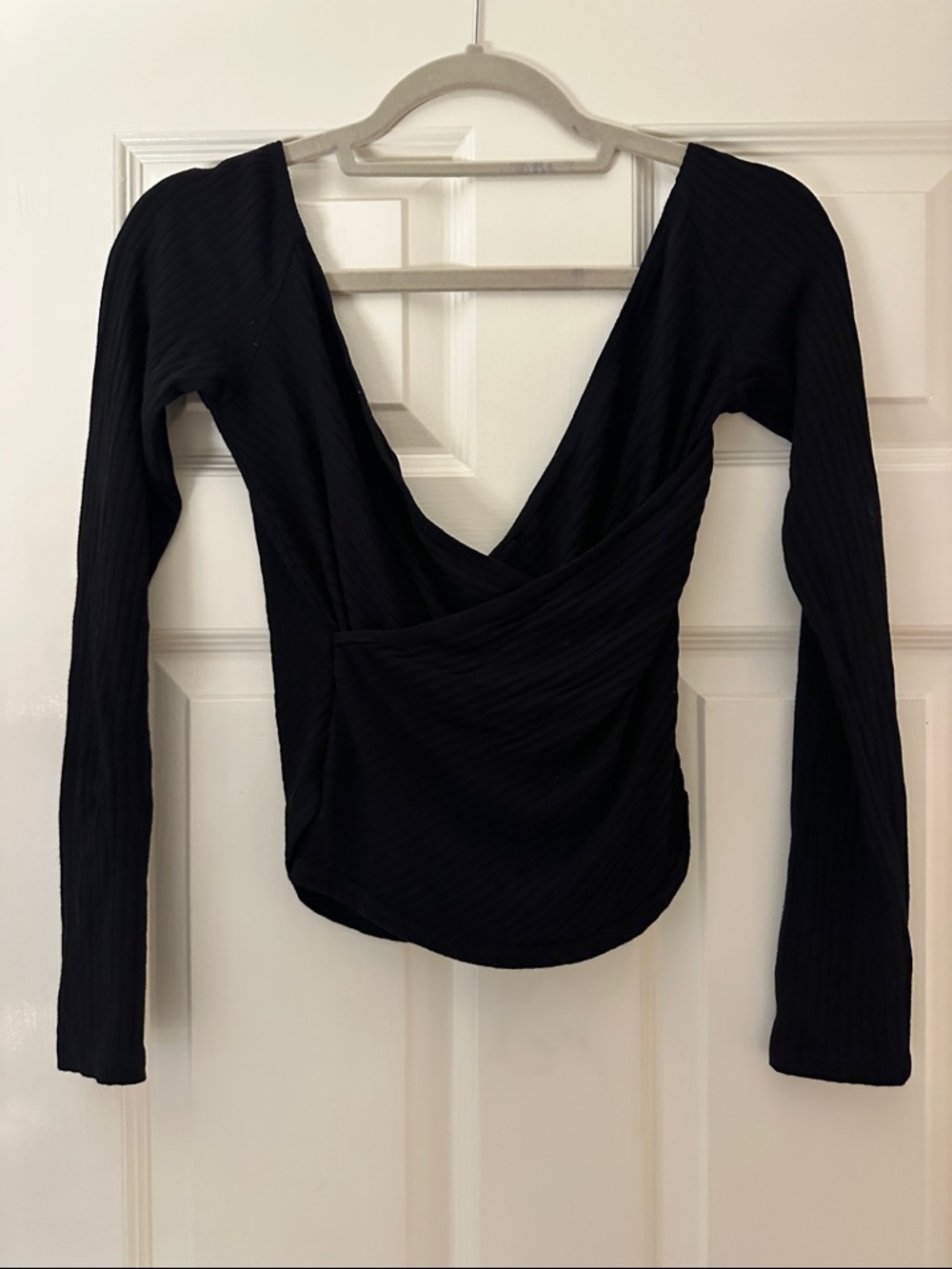 Reformation Black Long-Sleeve Wrap V-Neck Top